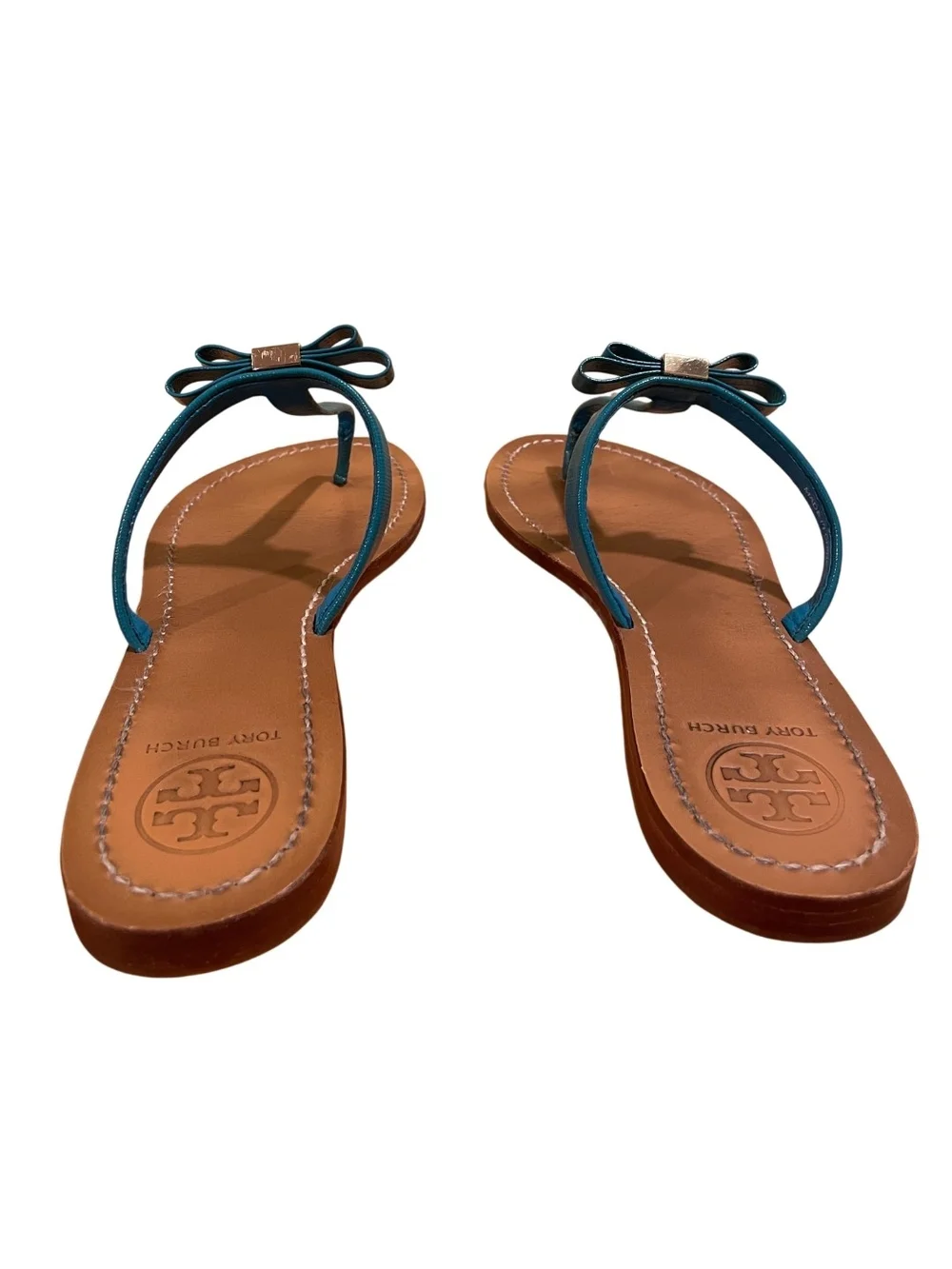 Tory Burch Teal Patent Leather T-Strap Sandals with Logo Accent